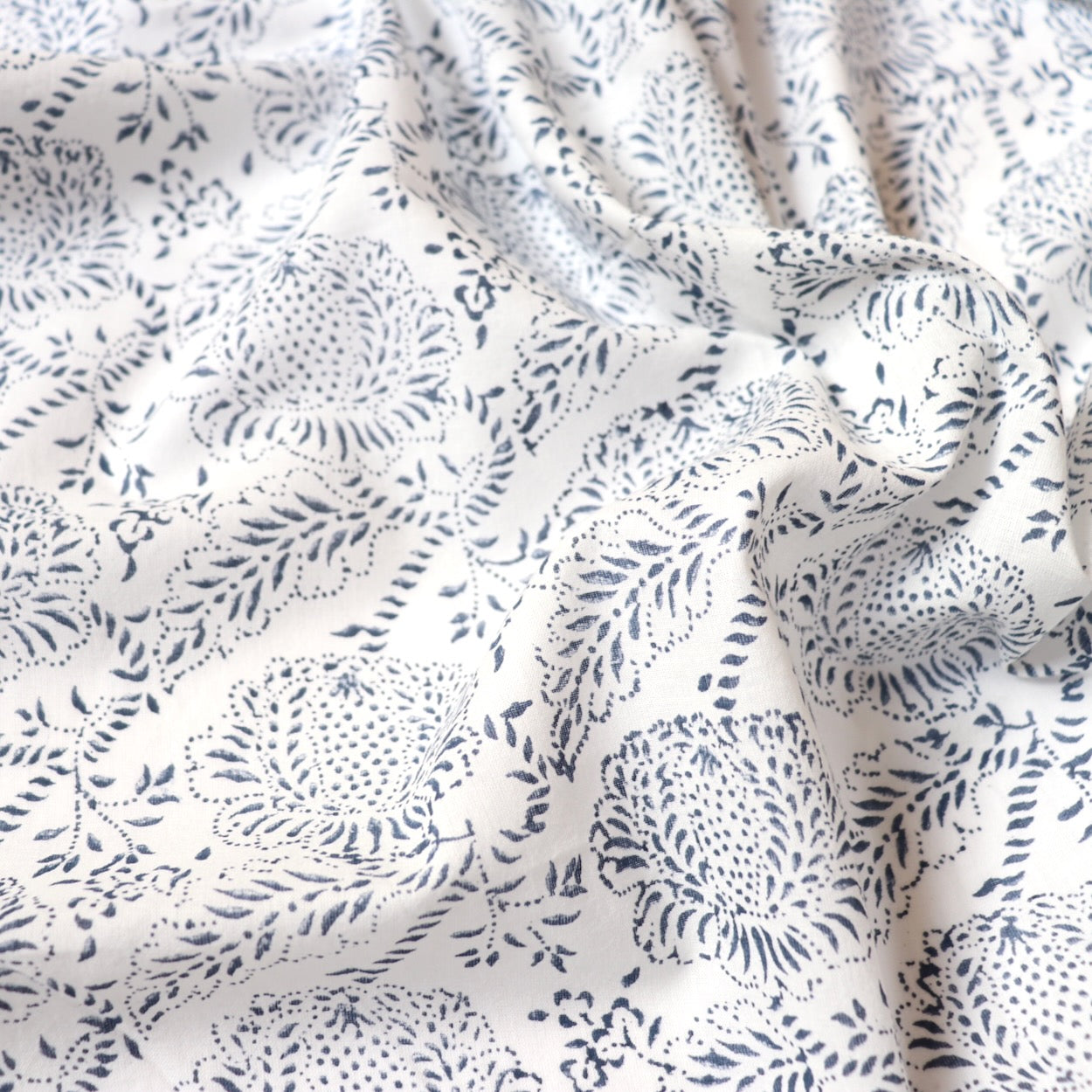 navy and white roses hand block print cotton voile for summer sewing and home decor