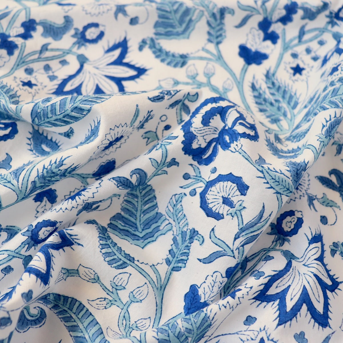 classic blue and white floral hand block print fabric silky cotton by the yard