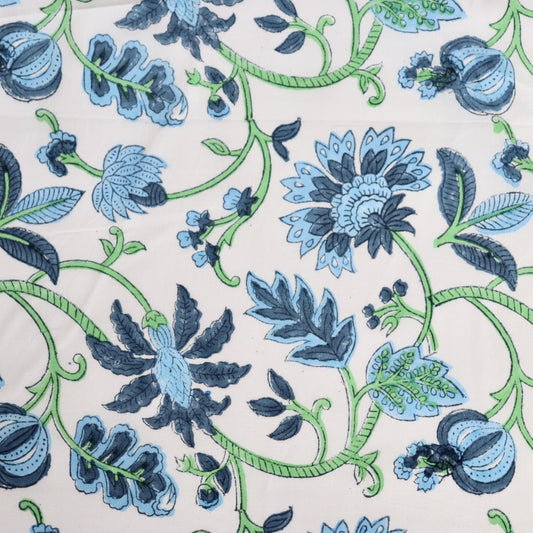 classic blue and white floral hand block print cotton fabric