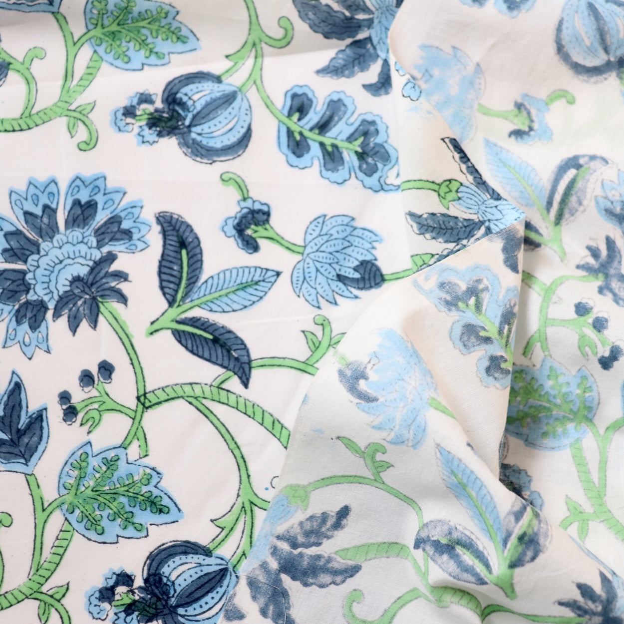 classic blue and white floral hand block print cotton fabric