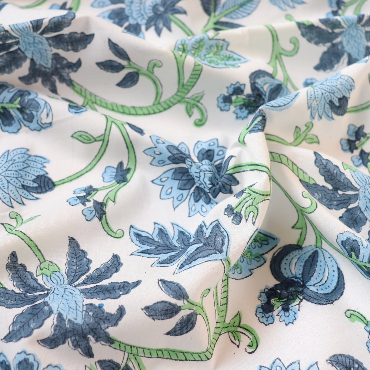 classic blue and white floral hand block print cotton fabric