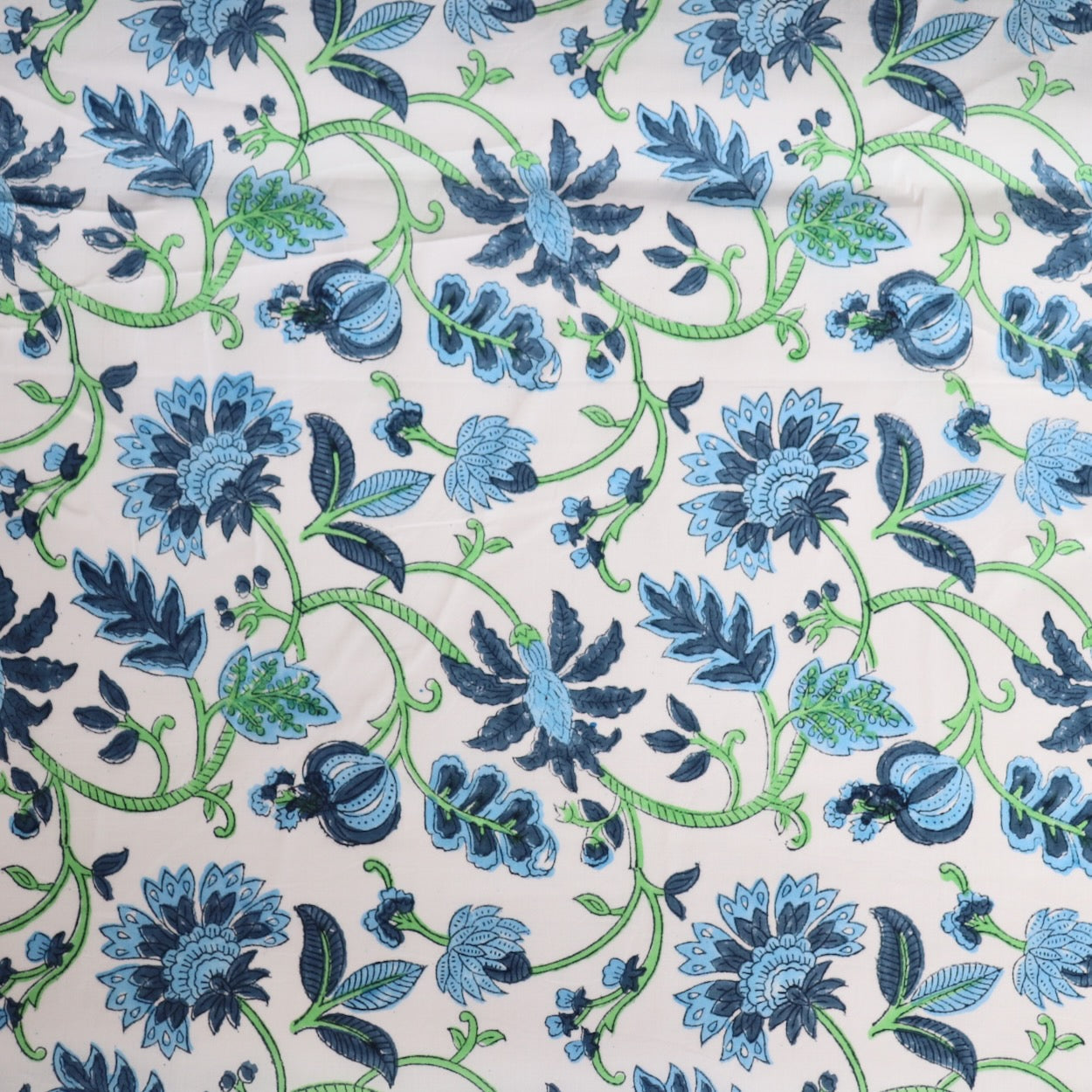 classic blue and white floral hand block print cotton fabric