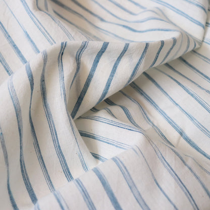 blue ikat stripe on white handloom cotton fabric by the yard