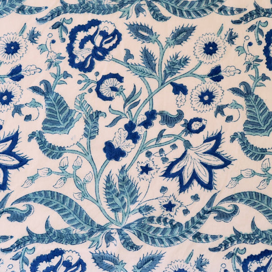 classic blue and white floral hand block print fabric silky cotton by the yard