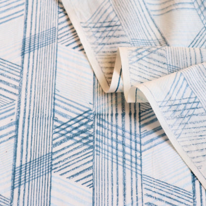 blue and white diagonal stripe hand block print cotton fabric by the yard