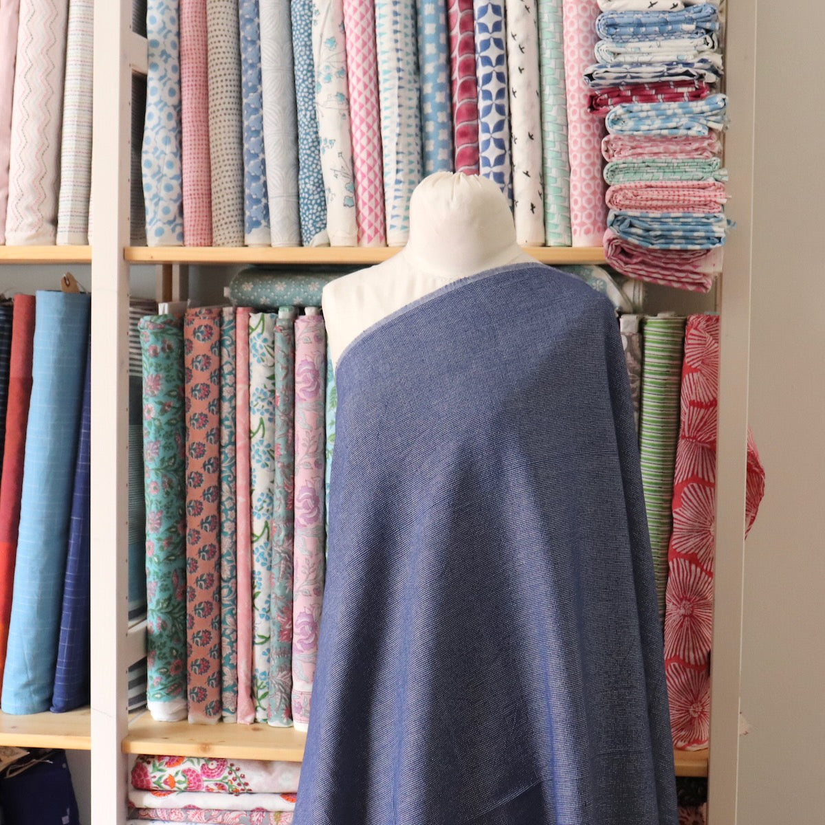 blue cotton tweed fabric handwoven by the yard