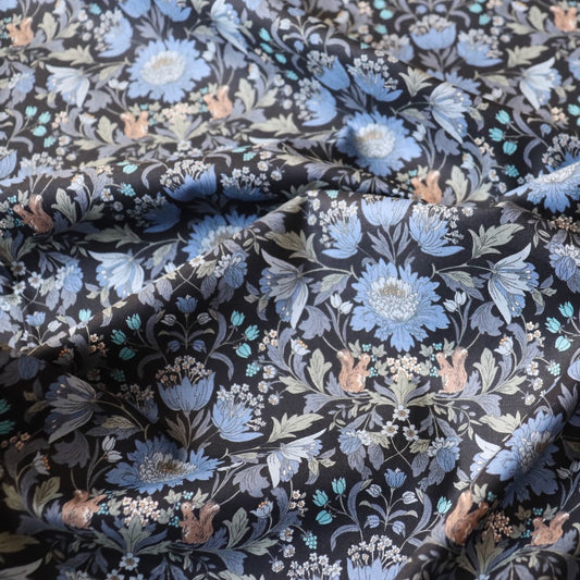 blue and black Morris-inspired floral print cotton lawn fabric made in Japan