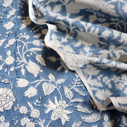 blue and white block print cotton fabric with large leaves and flowers