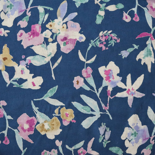 blue linen cotton fabric from Japan with colorful watercolor-style floral print 