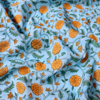 blue and yellow floral print fabric made in India 