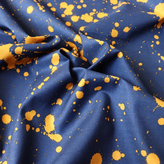 navy blue and orange cotton fabric with paint splatter print made in Japan