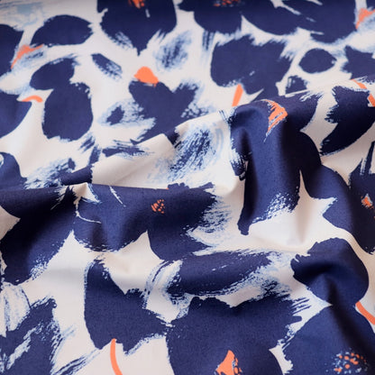 painterly floral print shirting cotton fabric from Hokkoh Japan royal blue on white