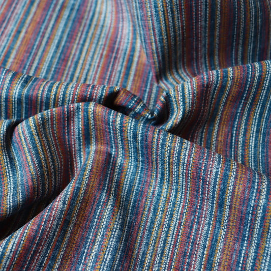 Japanese blue textured cotton fabric with colorful printed stripes