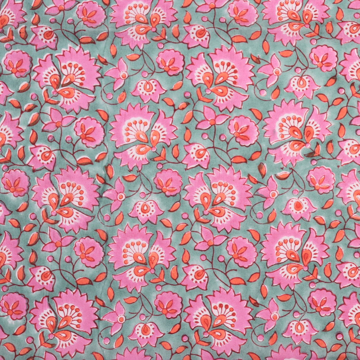 bright pink and blue hand block print cotton dress fabric 