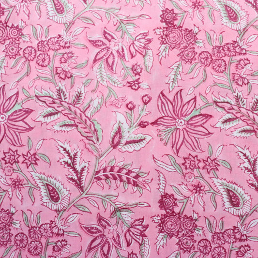 bright pink floral hand block print cotton fabric by the yard