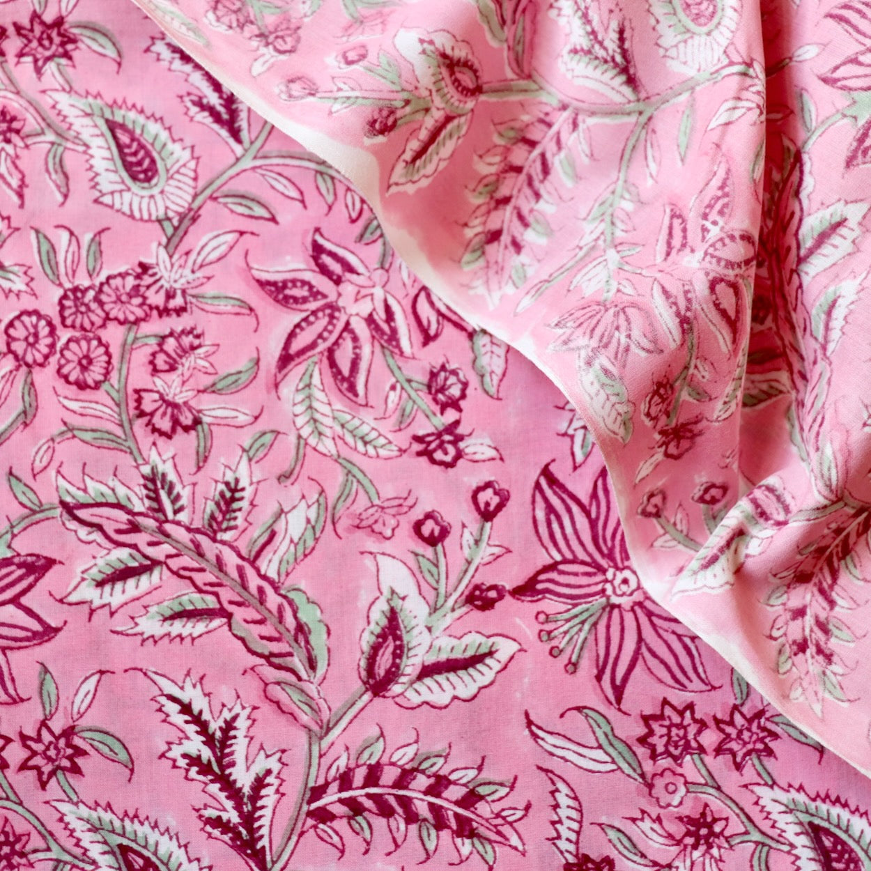 bright pink floral hand block print cotton fabric by the yard