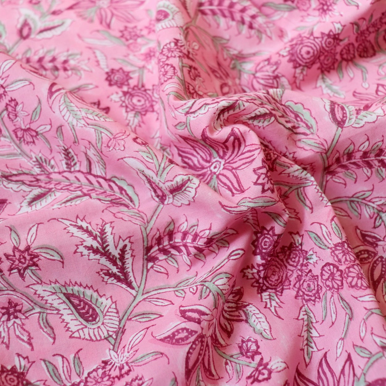 bright pink floral hand block print cotton fabric by the yard
