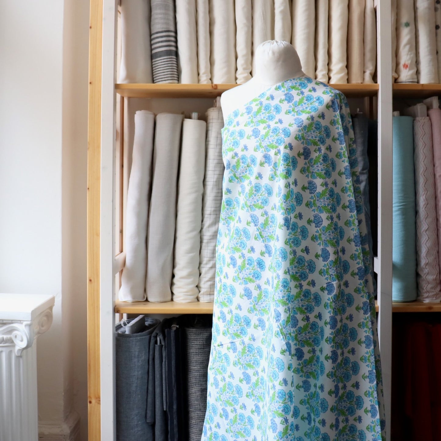 Carnation Block Print Cotton — Blue on White
