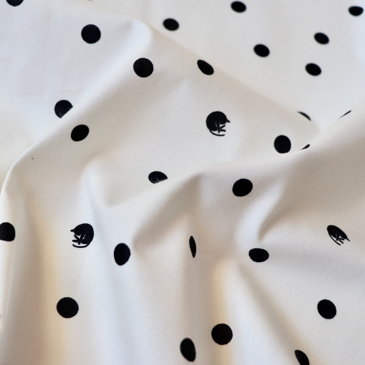 polka dot fabric with sleepy cats white
and black cotton sateen from Japan