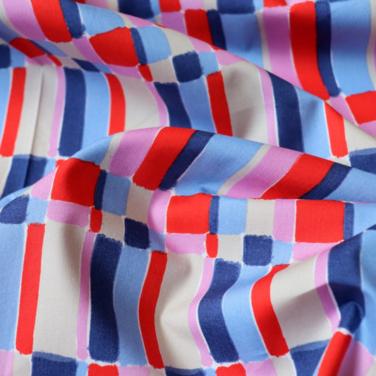 colorful abstract check fabric red and blue Japanese cotton lawn