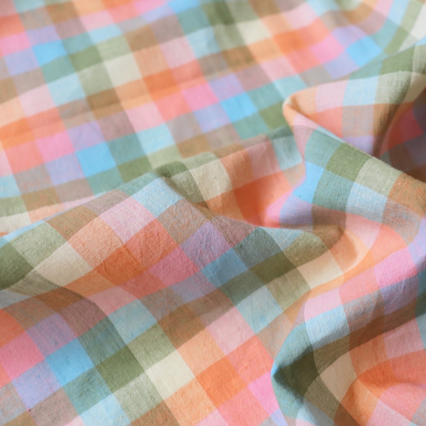 checked cotton fabric handwoven bright pastel colors for summer dressmaking