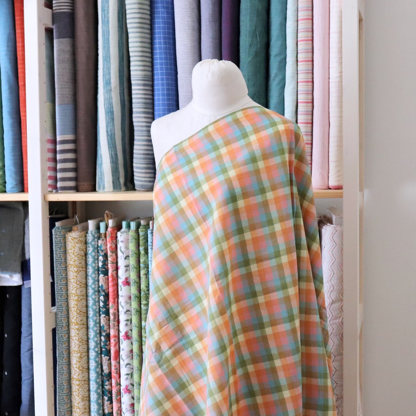 checked cotton fabric handwoven bright pastel colors for summer dressmaking