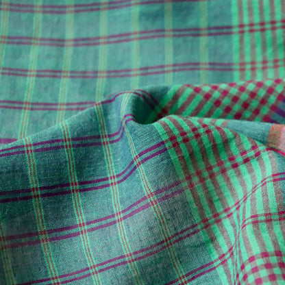 green and purple check cotton fabric handwoven voile dress material