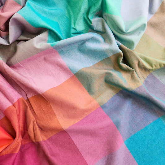 handwoven iridescent cotton fabric in rainbow colors