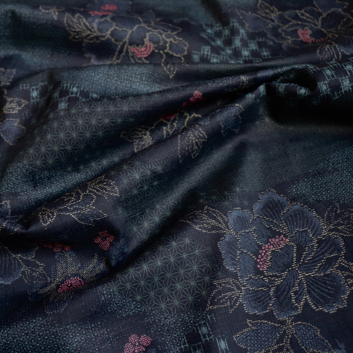 Stencilled Floral Cotton Dobby — Darkest Blue