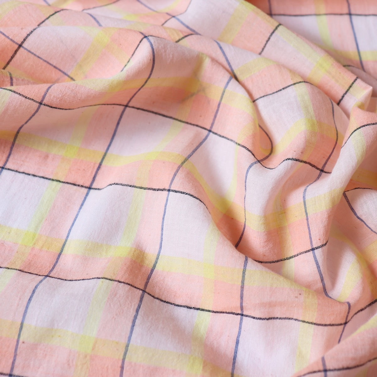 yarn-dyed cotton fabric with pink and yellow check soft handwoven dress material