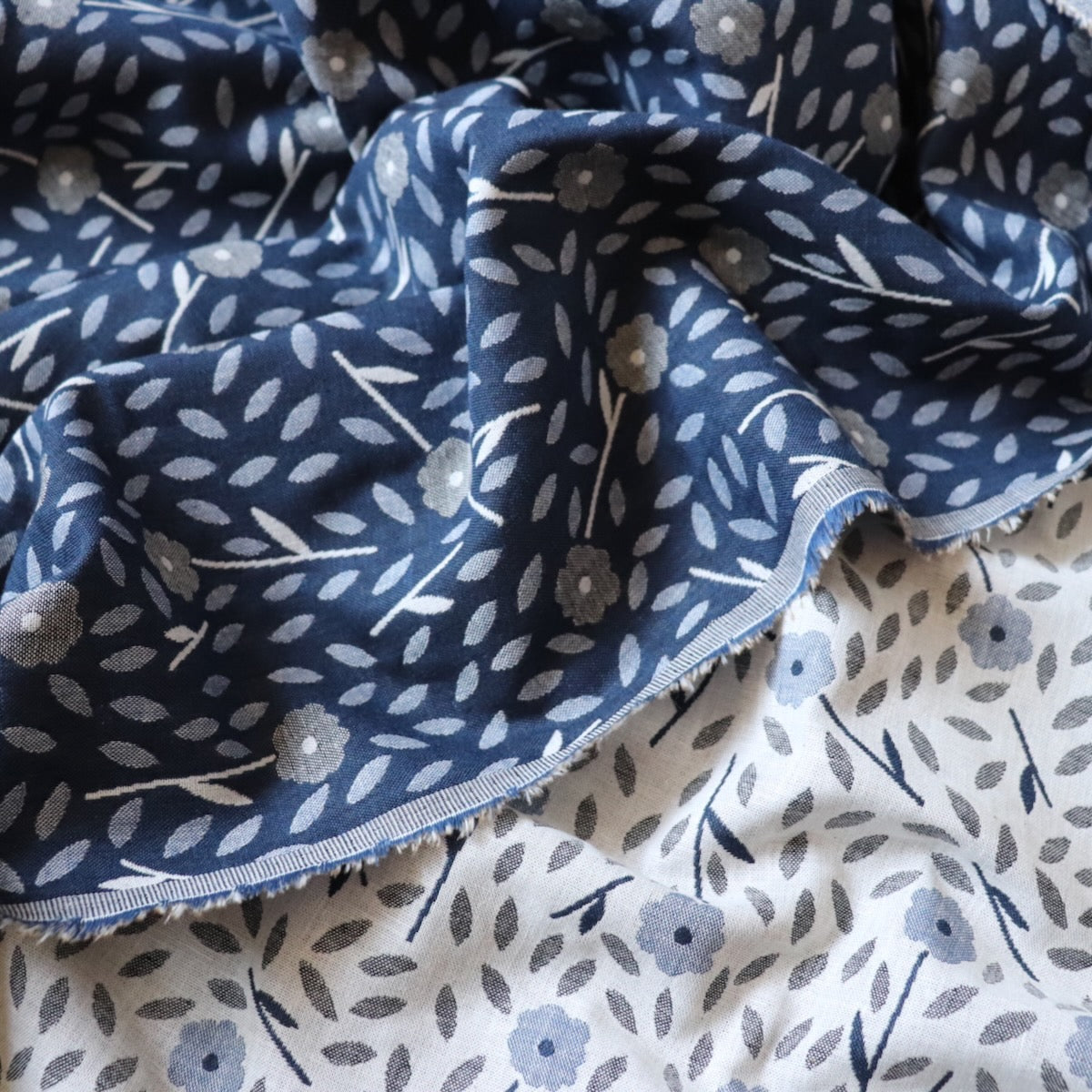 yarn-dyed woven cotton jacquard with small floral design blue and gray made in Japan