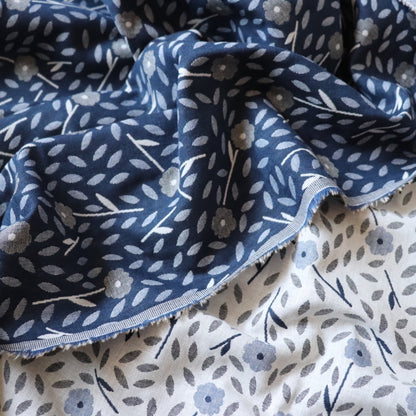 yarn-dyed woven cotton jacquard with small floral design blue and gray made in Japan