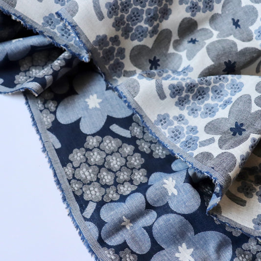 yarn-dyed woven cotton jacquard with large floral design blue and gray