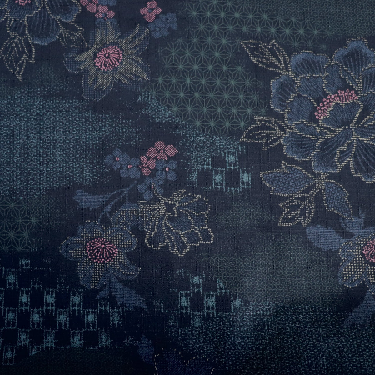 cotton dobby fabric textured weave from Japan dark blue with traditional stencilled floral design
