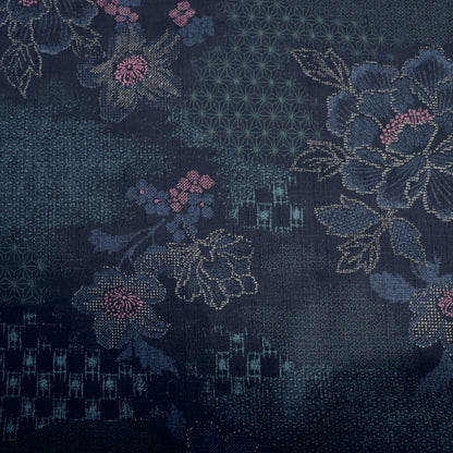 cotton dobby fabric textured weave from Japan dark blue with traditional stencilled floral design