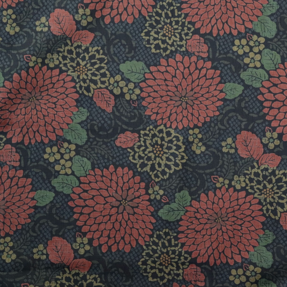 Bingata style black floral cotton dobby fabric from Japan with red chysanthemums