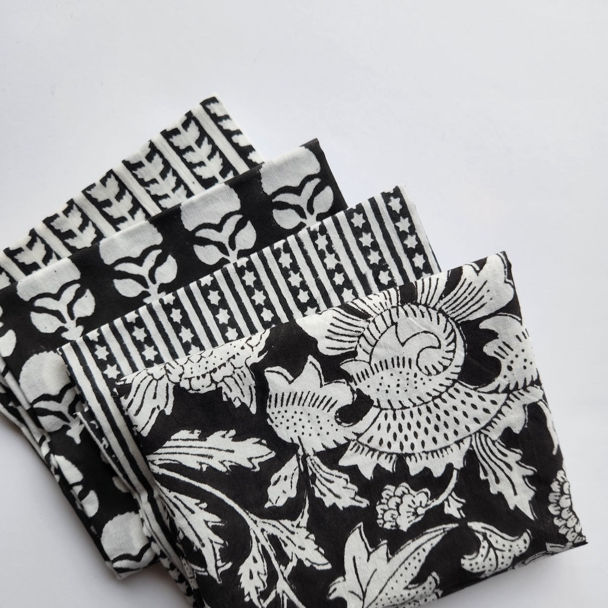 hand block printed cotton fat quarter bundle classic black and white floral and geometric designs