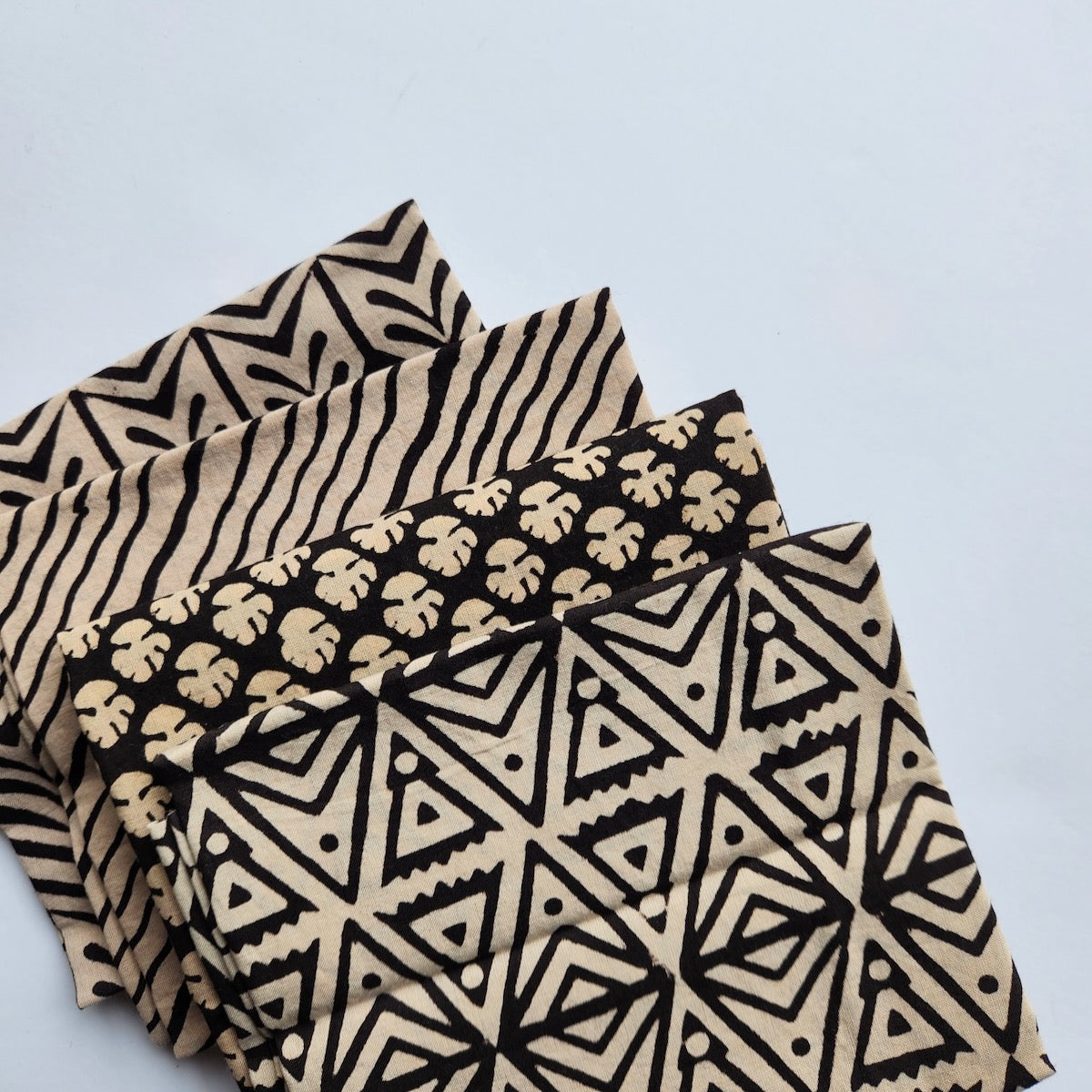 hand block printed cotton fat quarter bundle neutral beige and black geometric designs