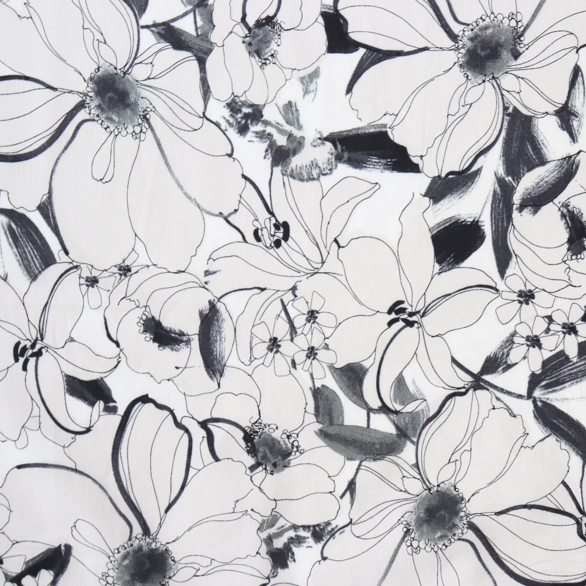black and white floral print cotton lawn fabric made by Hokkoh Japan ink painting style