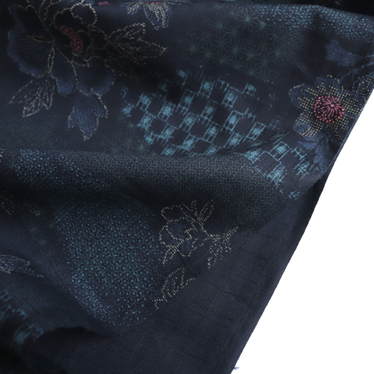 Stencilled Floral Cotton Dobby — Darkest Blue