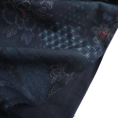 Stencilled Floral Cotton Dobby — Darkest Blue