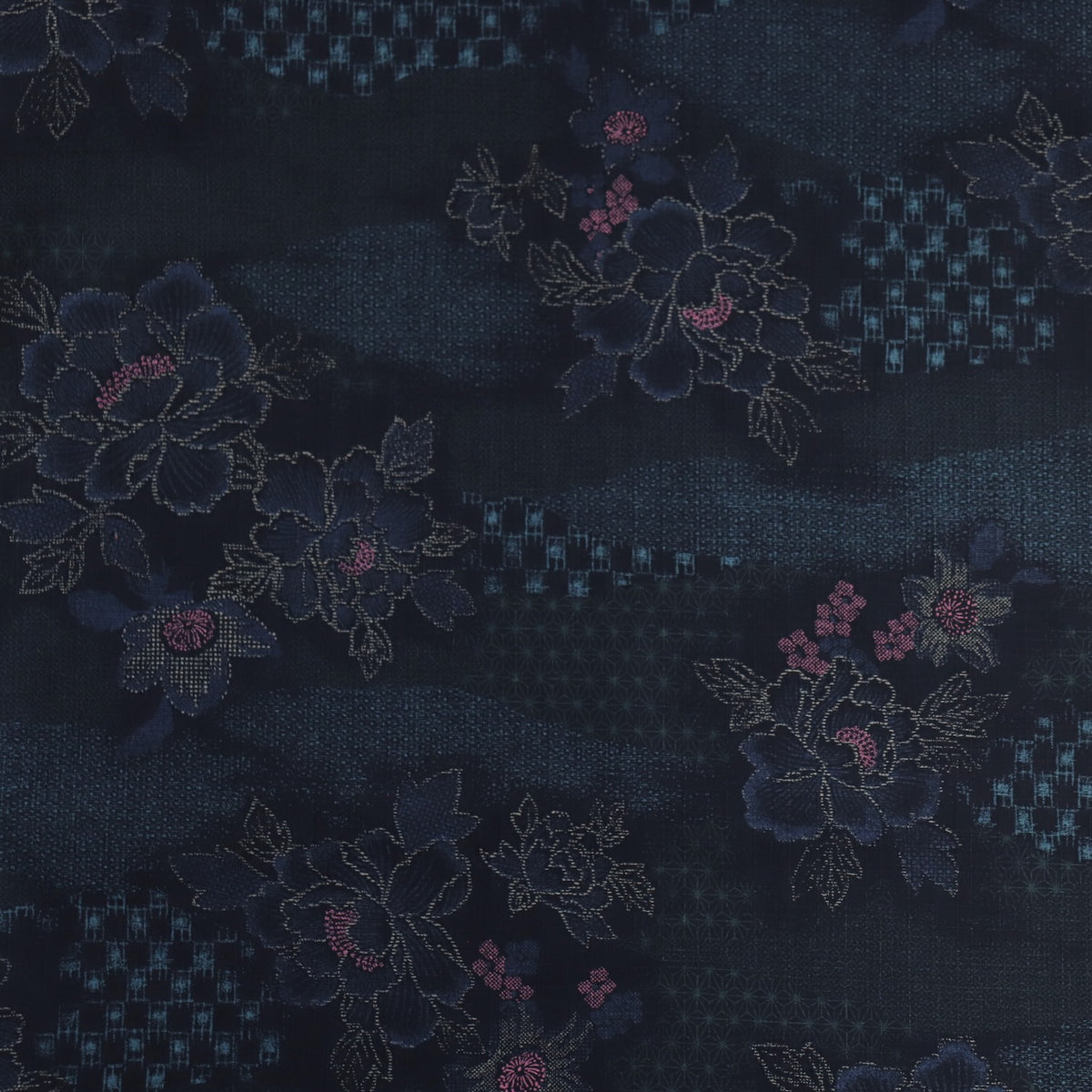 Stencilled Floral Cotton Dobby — Darkest Blue