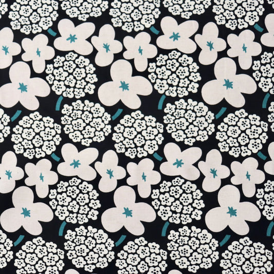 oversized floral print linen cotton fabric made in Japan turquoise black and natural flax color