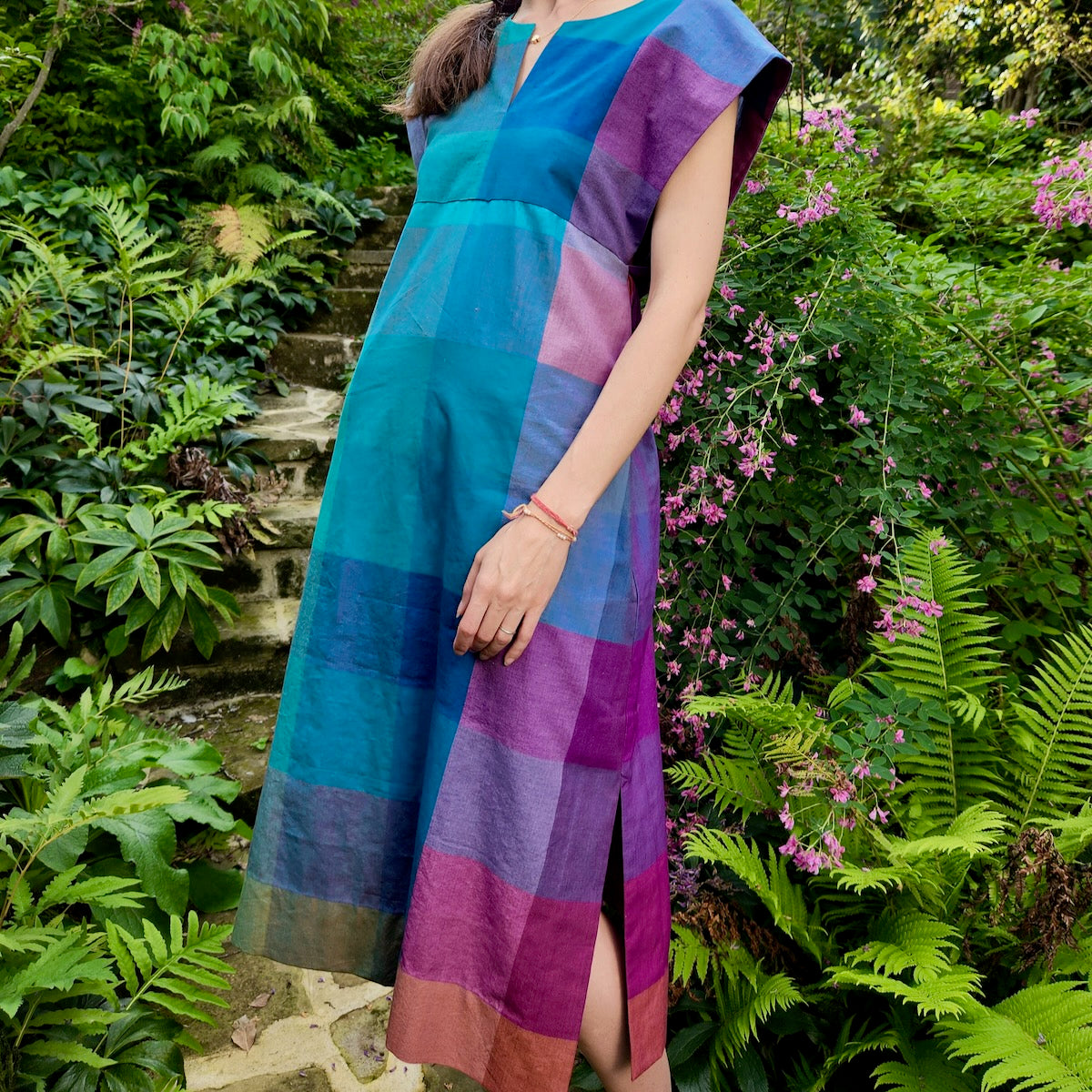 damn good dress sewn with colorful rainbow check cotton fabric