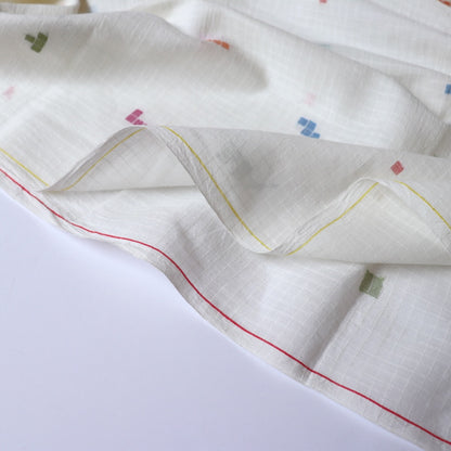 white jamdani cotton fabric with colorful geometric weave