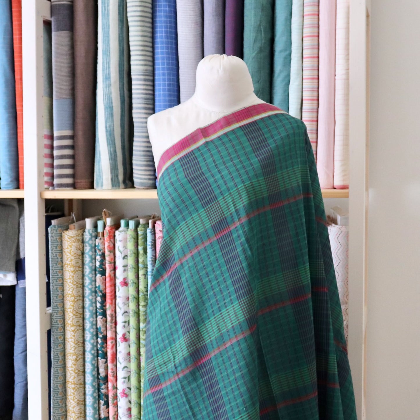 green and purple check cotton fabric handwoven voile dress material