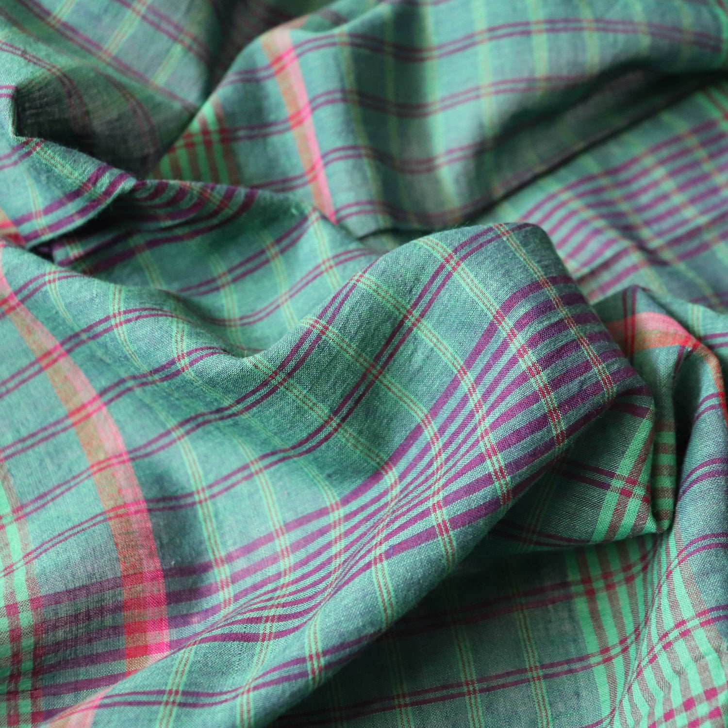 green and purple check cotton fabric handwoven voile dress material