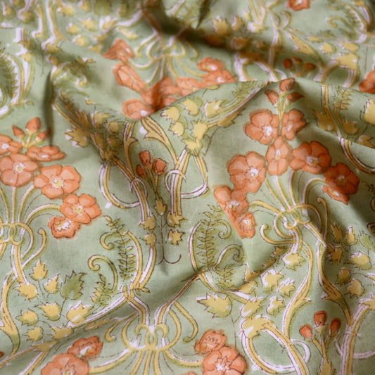 chartreuse floral fabric hand block printed on cotton art nouveau design