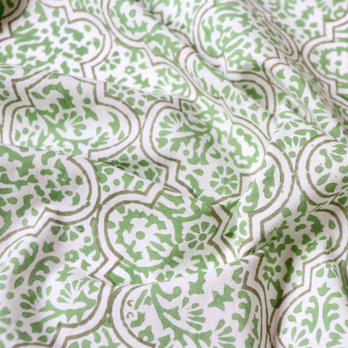 green and white block print Indian cotton fabric