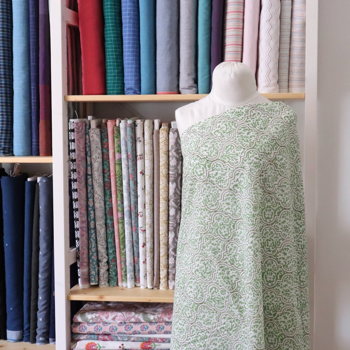green and white block print Indian cotton fabric